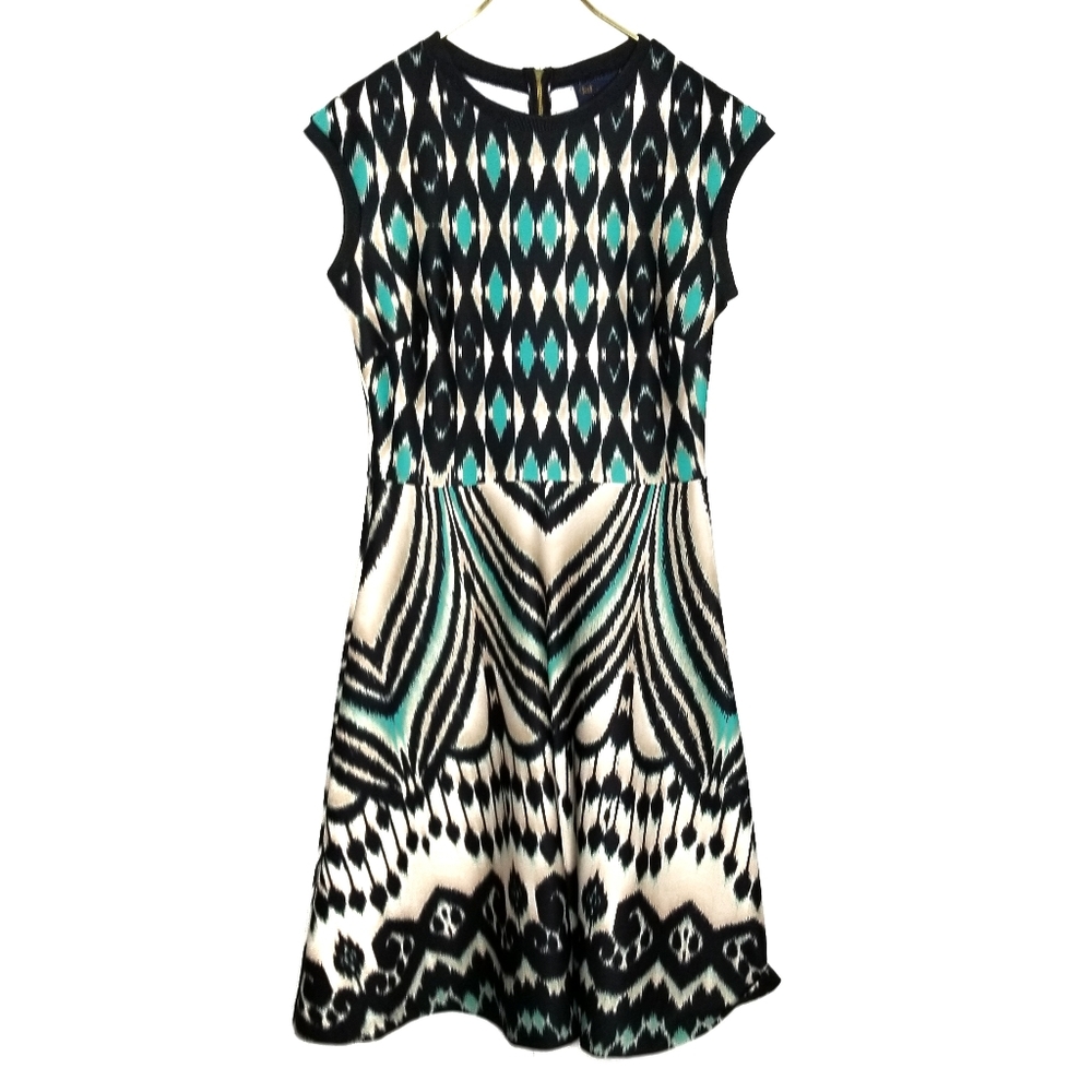 Just Taylor Ikat pattern turquoise & black dress